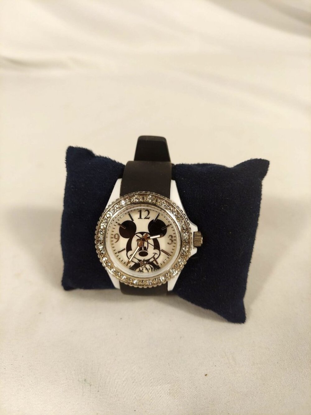 Disney NOS Rhinestone Mickey Mouse Watch Black & White Rubber Band